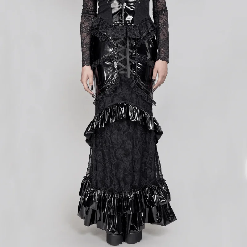 Chic off-shoulder dresses for women-Women's Gothic Ruffled Lace Splice Patent Leather Fishtail Skirt